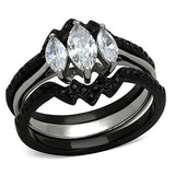 His Hers 4 Piece Marquise Cut CZ Black Plated Stainless Steel Matching Wedding Band Ring Set