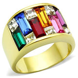 Rainbow Color Baguette Cut CZ Stone Ring Yellow Gold-Plated Stainless-Steel Ring