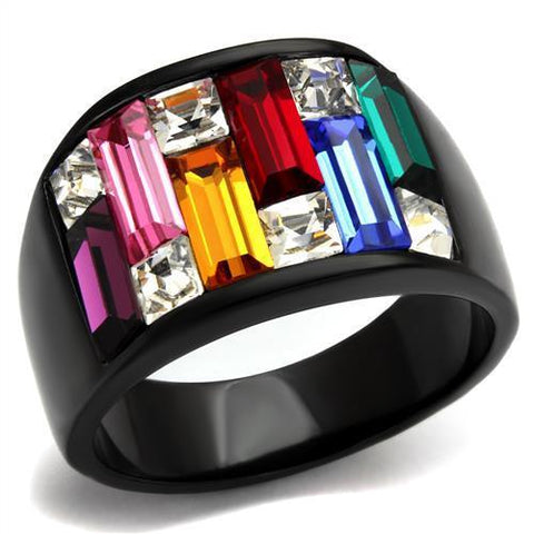 Rainbow Color Baguette Cut CZ Stone Ring Black-Plated Stainless-Steel Ring