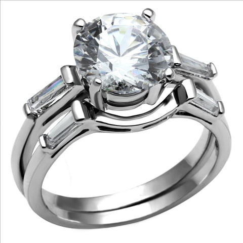 3.50 Ct Round & Baguette CZ Engagement Wedding Ring Set Stainless Steel