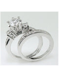 His Her Cz Sterling Silver Round Cut Three Stone Wedding Bridal Set Men's Titanium Wedding Band - Edwin Earls Jewelry