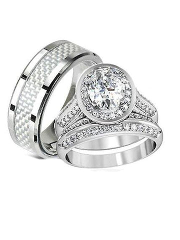 His Hers Halo Cz Matching Wedding Ring Set Stainless Steel - Edwin Earls Jewelry