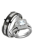 Wedding Ring His and Hers Set Cz Halo and Black Titanium Wedding Engagement Ring Set - Edwin Earls Jewelry