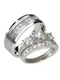 His Hers 3 Stone Wedding Engagement Ring Set Sterling Silver and Stainless Steel - Edwin Earls Jewelry