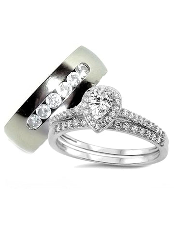 His and Hers Halo Style Wedding Ring Set Matching Wedding Bands for Him ( Titanium) and Her (Sterling Silver) - Edwin Earls Jewelry