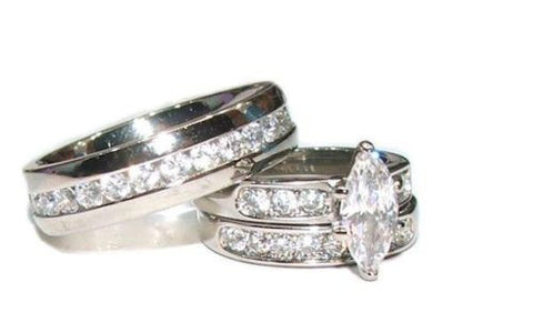 His Hers 3 Piece Marquise Cut Cz  Wedding Engagement Ring Set Stainless Steel - Edwin Earls Jewelry