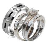His & Hers 4 Piece Princess Cz Wedding Band Ring Set Sterling Silver & Titanium - Edwin Earls Jewelry