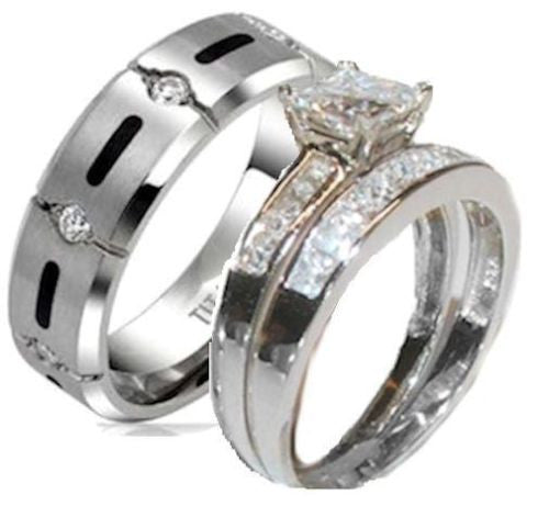 Titanium men's wedding band engagement ring with 9 large princess cut cubic zirconia deals