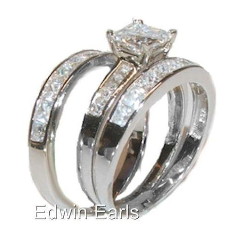 3ct Princess Cut Cz Engagement Wedding Ring Set Sterling Silver 3 Piece Set - Edwin Earls Jewelry