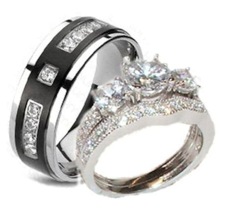 3 pc His Hers Wedding Rings Sterling Silver Cz Cubic Zirconia Wedding Ring Set - Edwin Earls Jewelry