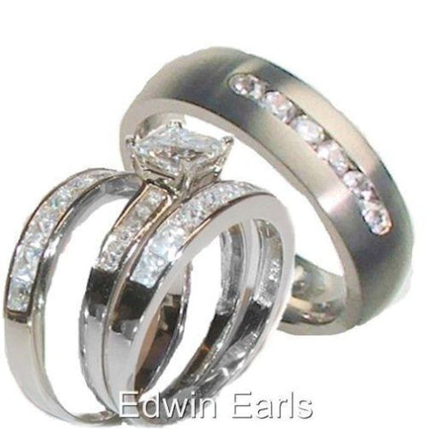 His & Hers 4 Piece Princess Cz Wedding Band Ring Set  Sterling Silver & Titanium - Edwin Earls Jewelry