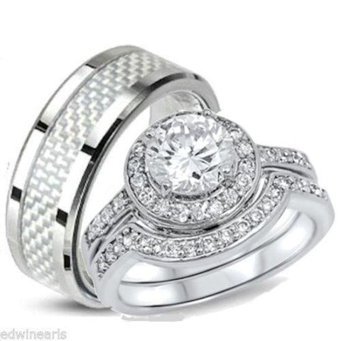 His & Hers 3 Piece Halo Cz Wedding Band Ring Set Sterling Silver & Stainless - Edwin Earls Jewelry