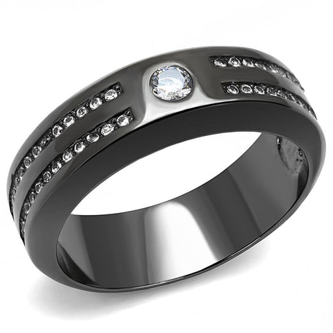 Men's Light Black Plated Stainless Steel Wedding Band Ring with AAA Grade CZ