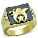 Men's Yellow Gold Plated Masonic Mason Freemason Ring in Stainless Steel and Black Onyx