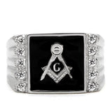 Men's Masonic Lodge Free Mason Ring Black Agate Stone in Stainless Steel