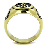 Men's Mason Masonic Freemason  Yellow Gold Plated Stainless Steel Ring with Black Epoxy Accents