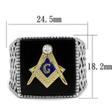 Men's Masonic Mason Lodge Stainless Steel Ring with Black Agate Stone