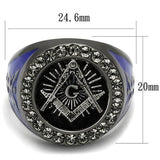 Mens Masonic Mason Lodge Ring in Stainless Steel Black Stones and Blue Epoxy Accents