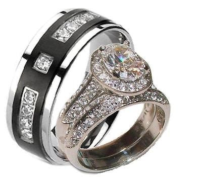 His Hers Halo Cz Wedding Ring Set Stainless Steel & Black Plated Titanium - Edwin Earls Jewelry