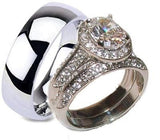 His Hers Halo Cz Wedding Ring Set Stainless Steel & Titanium Rings - Edwin Earls Jewelry