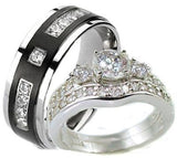 His & Hers 3 Piece Vintage Style Wedding Ring Set Sterling Silver & Titanium - Edwin Earls Jewelry
