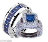 His & Hers Sapphire Blue & Clear Cz Wedding Ring Set Sterling &Titanium - Edwin Earls Jewelry