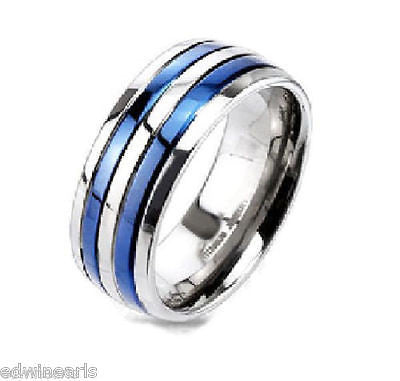 Men's Blue Bands Stainless Steel Cz Wedding Band - Edwin Earls Jewelry