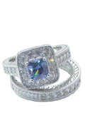 Women's 2.50 ct Halo Sapphire Blue Cz Sterling Silver Rhodium Plated Wedding Ring Set - Edwin Earls Jewelry