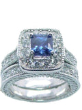 Women's 2.50 ct Halo Sapphire Blue Cz Sterling Silver Rhodium Plated Wedding Ring Set - Edwin Earls Jewelry