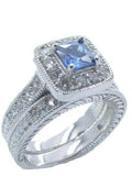 Women's 2.50 ct Halo Sapphire Blue Cz Sterling Silver Rhodium Plated Wedding Ring Set - Edwin Earls Jewelry