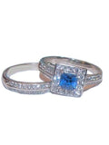 Women's Halo Sapphire Blue & Clear Cz Wedding Ring Set Stainless Steel - Edwin Earls Jewelry