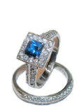 Women's Halo Sapphire Blue & Clear Cz Wedding Ring Set Stainless Steel - Edwin Earls Jewelry