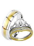 Edwin Earls His Hers 3 Piece Yellow Gold IP Crown Stainless Steel Wedding Ring Set - Edwin Earls Jewelry