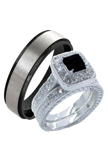 His Hers Black & Clear Cz Wedding Ring Set Sterling Silver and Stainless Steel - Edwin Earls Jewelry