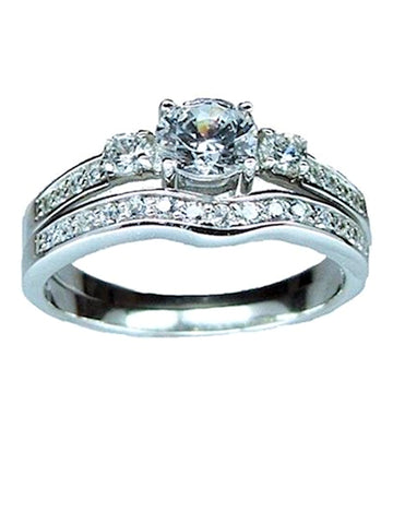 Women's 1.50 Ct Two Piece Three Stone Cz Wedding Ring Set Sterling Silver Rhodium Plated - Edwin Earls Jewelry