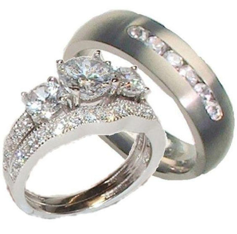 His Her Wedding Ring Set Sterling Silver Titanium Cz Wedding Ring Set - Edwin Earls Jewelry