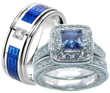 His Hers Blue & Clear Cz Wedding Ring Set Sterling Silver and Stainless Steel - Edwin Earls Jewelry