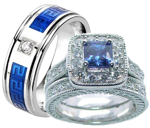 His Hers Blue & Clear Cz Wedding Ring Set Sterling Silver and Stainless Steel - Edwin Earls Jewelry