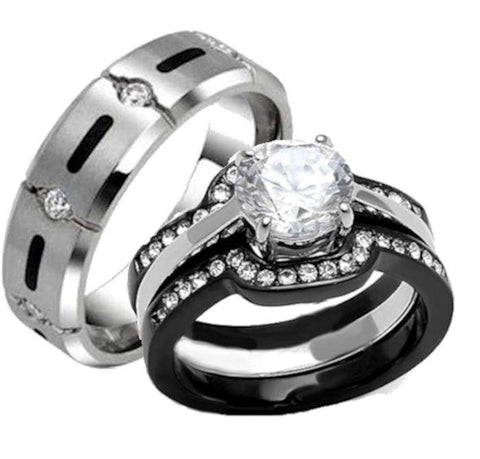 His Hers 4 Piece Black Stainless Steel & Titanium Matching Wedding Band Ring Set - Edwin Earls Jewelry
