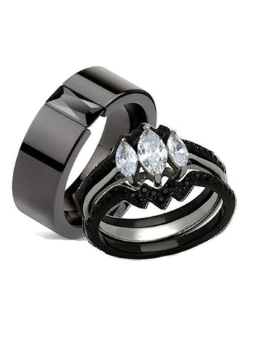 His Hers 4 Piece Black Stainless Steel & Titanium Matching Wedding Band Ring Set - Edwin Earls Jewelry