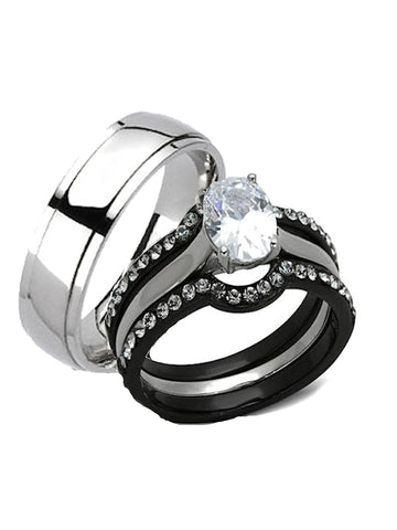 His Hers 4 Piece CZ Black Plated Stainless Steel & Titanium Matching  Wedding Band Ring Set