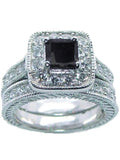 Women's 2 Piece Wedding Ring Set Black Cz Sterling Silver Rhodium - Edwin Earls Jewelry