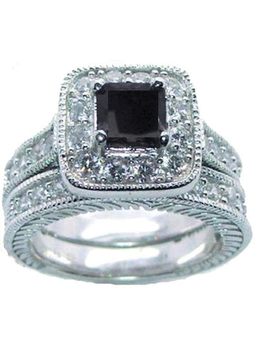 Women's 2 Piece Wedding Ring Set Black Cz Sterling Silver Rhodium - Edwin Earls Jewelry