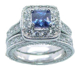 His & Hers Sapphire Blue & Clear Cz Wedding Ring Set Sterling &Titanium - Edwin Earls Jewelry