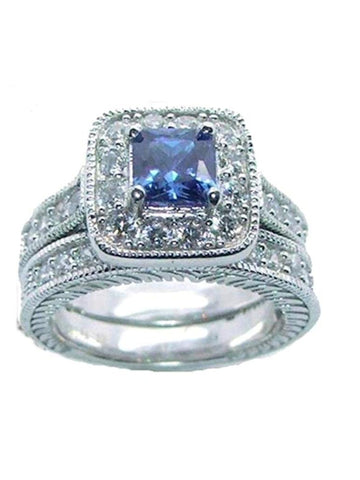Women's 2.50 ct Halo Sapphire Blue Cz Sterling Silver Rhodium Plated Wedding Ring Set - Edwin Earls Jewelry