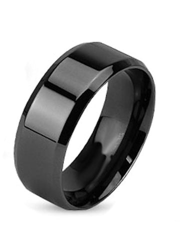 Men's Black Plated Beveled Edges Stainless Steel Wedding Ring Band - Edwin Earls Jewelry