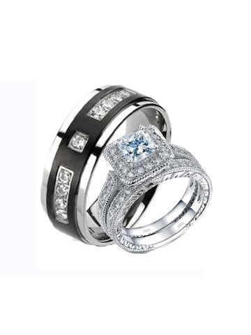 3 Pieces His Hers Cz Sterling Silver & Black Titanium Wedding Ring Set - Edwin Earls Jewelry