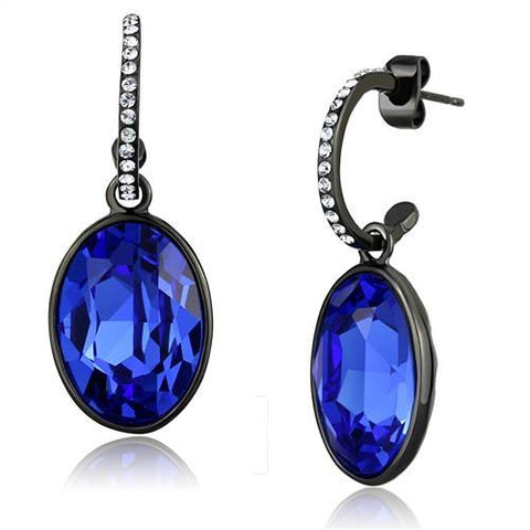 Oval Cut Sapphire Blue Cz Black IP Stainless Steel Dangle Hoop Earrings - Edwin Earls Jewelry