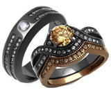 His Her Round Cut Champagne Black Stainless Steel Wedding Ring Set - Edwin Earls Jewelry