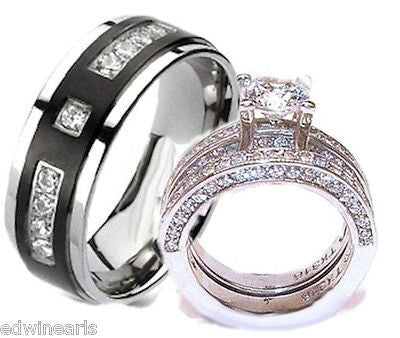 His & Hers Cz Wedding Ring Set Stainless Steel & Titanium Wedding Ring Set - Edwin Earls Jewelry